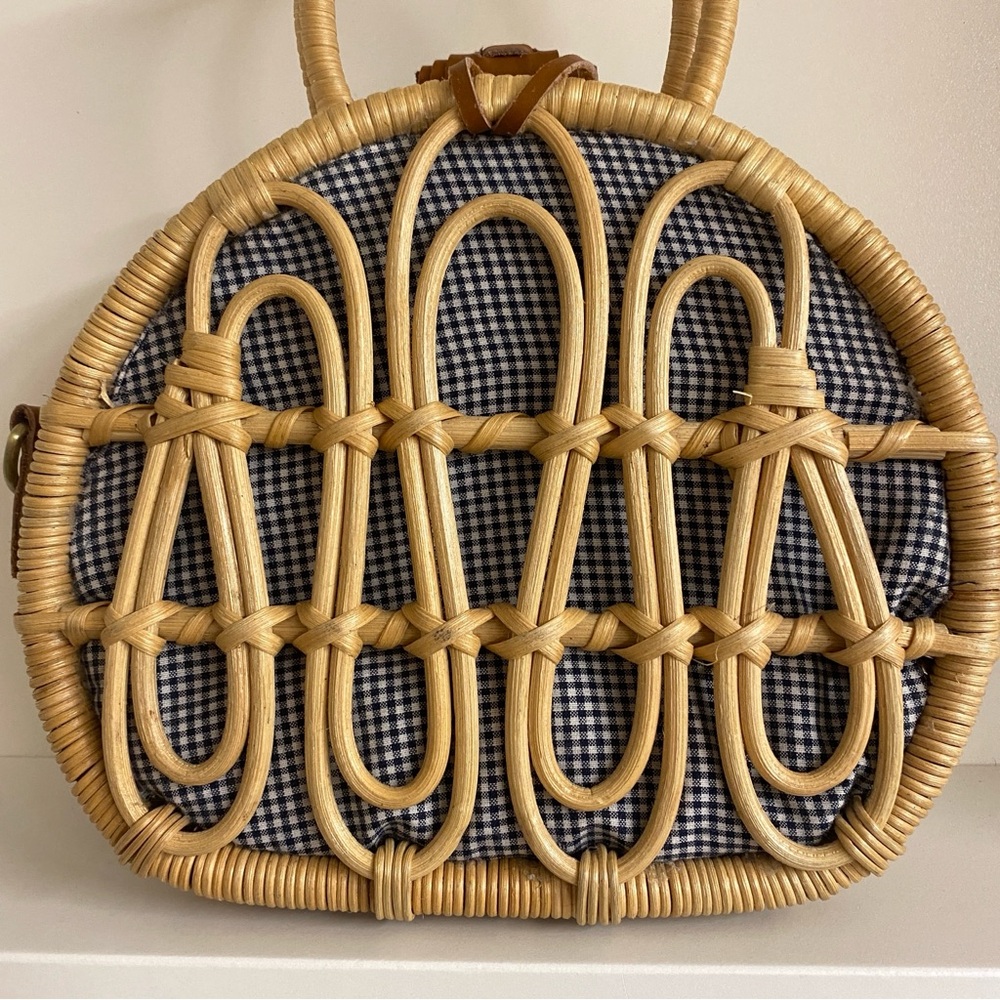 Anthropologie | NWOT Mini Rattan Suitcase Satchel Purse Basket Bag Blue Gingham - Picture 8 of 10
